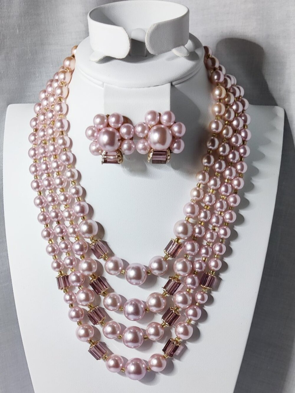 MCM Signed JAPAN Faux Pearl 4 Strand Necklace Earrings Satiny Pink